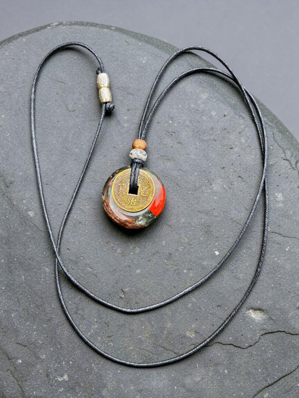African Bloodstone & Lucky Coin Pendant Necklace | Handmade - Picture 6 of 7